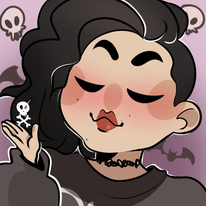 a headshot of quinn smoldering into the camera. arms crossed over their chest, their chin rests on the back of one hand. their hair is up in a high bun and they wear a wine red tank top underneath black overalls. they wear thick, clear-framed glasses, and