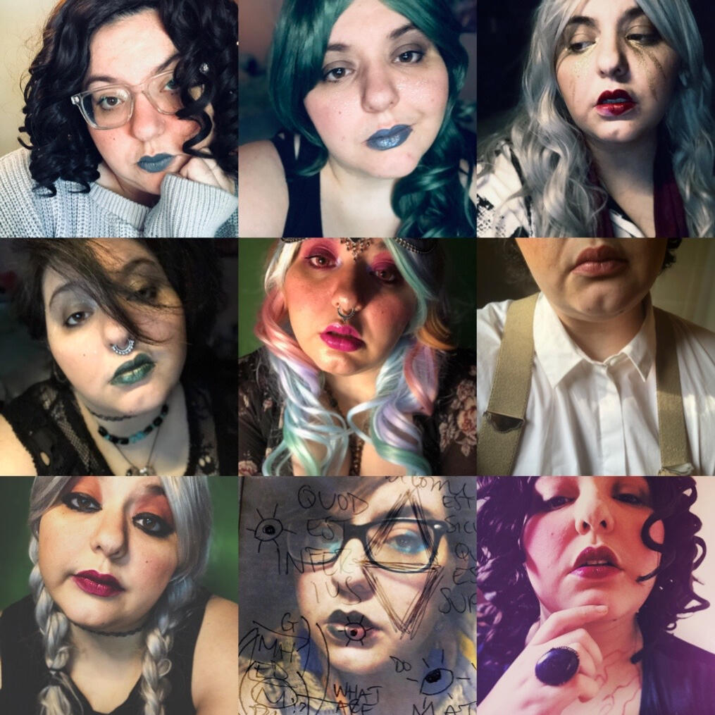 an array of nine different images of quinn in different cosplay attire/makeup.